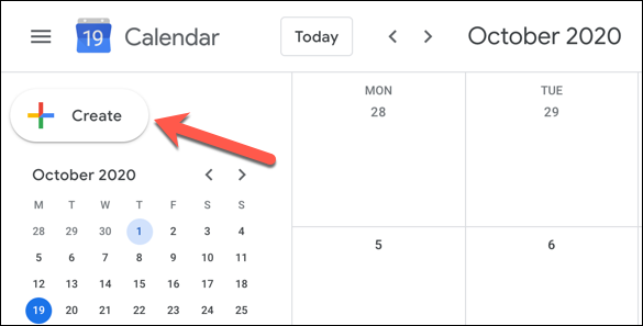 Na interface da web do Google Agenda, clique no botão "Criar" no canto superior esquerdo