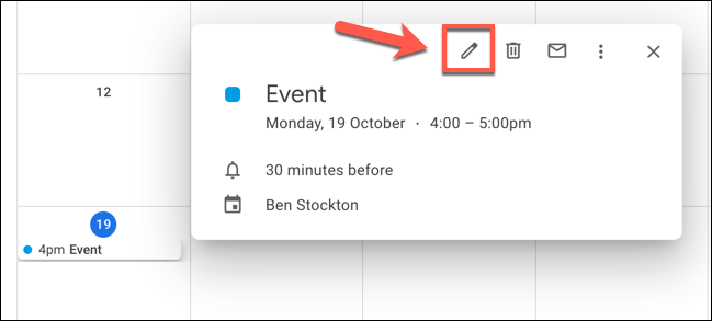 Clique em um evento no Google Agenda e, a seguir, clique no botão "Editar Evento" para começar a editá-lo.