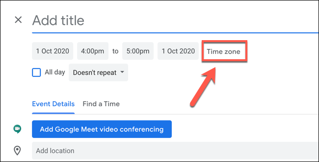 Clique em "Fuso Horário" para editar as configurações de fuso horário para o evento do Google Agenda