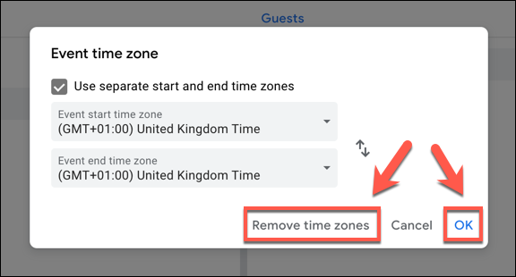 Clique em "Remover fusos horários" para remover os fusos horários de um evento do Google Agenda ou em "OK" para salvá-los.