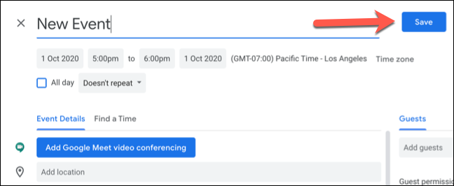 Clique em "Salvar" para salvar o novo evento do Google Agenda com fusos horários personalizados.