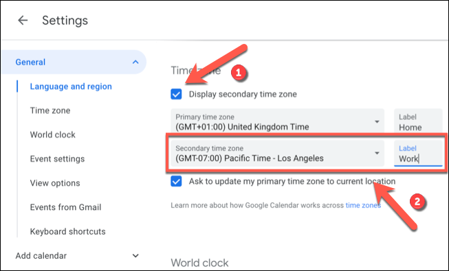 Clique na caixa de seleção "Exibir fuso horário secundário" e selecione um fuso horário secundário no menu suspenso "Fuso horário secundário" antes de adicionar um rótulo à caixa "Rótulo" ao lado dele.