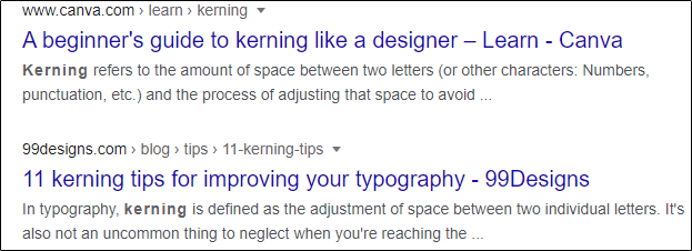 Resultados para "kerning" na Pesquisa Google.