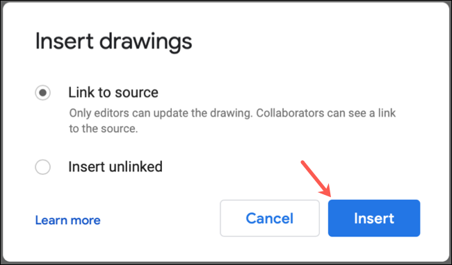 Escolha se deseja vincular um desenho no Google Docs