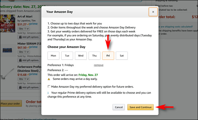 Selecione um ou dois dias de entrega no Amazon Day e clique ou toque em "Salvar e continuar".