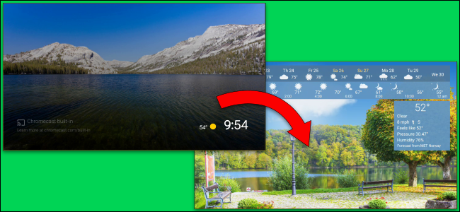 Um protetor de tela da Android TV de um parque sendo alterado para a paisagem montanhosa padrão.