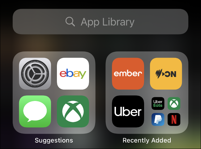 Uma biblioteca de aplicativos iOS 14 e a barra de pesquisa.