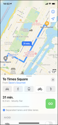 Rotas de ciclismo do Apple Maps