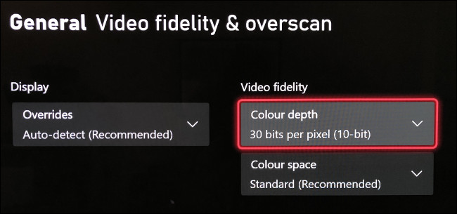 Selecione "Color Depth" no menu "Video Fidelity & Overscan". 