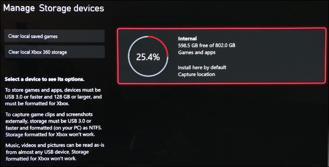 A tela "Gerenciar dispositivos de armazenamento" no Xbox Series X.