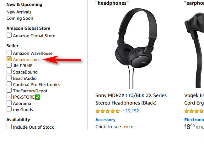 Coloque uma marca de seleção ao lado de "Amazon.com" na seção do vendedor da barra lateral