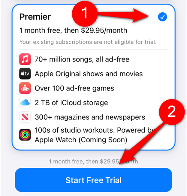 Escolha um plano Apple One e selecione "Iniciar avaliação gratuita"