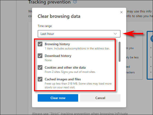 Na janela "Limpar dados de navegação" do Microsoft Edge, selecione quais aspectos do histórico você deseja limpar.