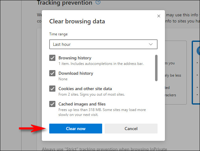 Na janela "Limpar dados de navegação" do Microsoft Edge, clique em "Limpar agora".