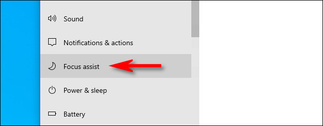 Nas configurações do Windows, clique em "Assistente de foco" na barra lateral do sistema.