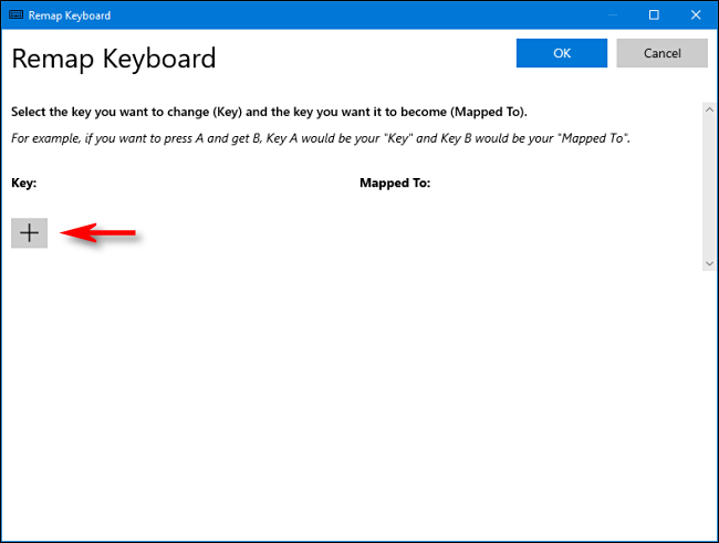 Clique no sinal de mais (+) no menu "Remapear teclado".