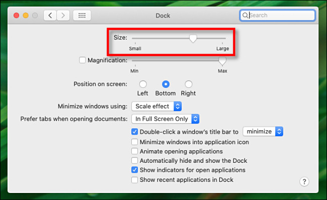 Em Preferências do Dock no Mac, use o controle deslizante "Tamanho" para alterar o tamanho do Dock.