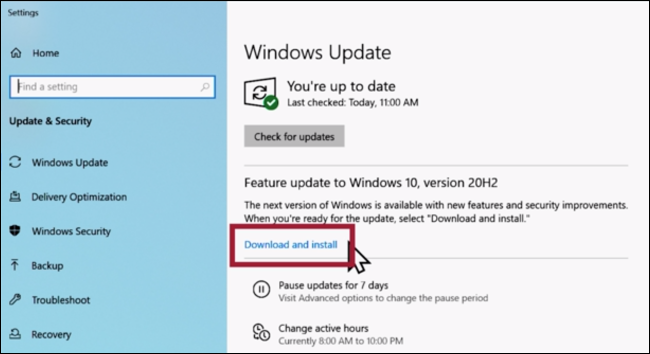 Clique em "Baixar e instalar" no Windows Update