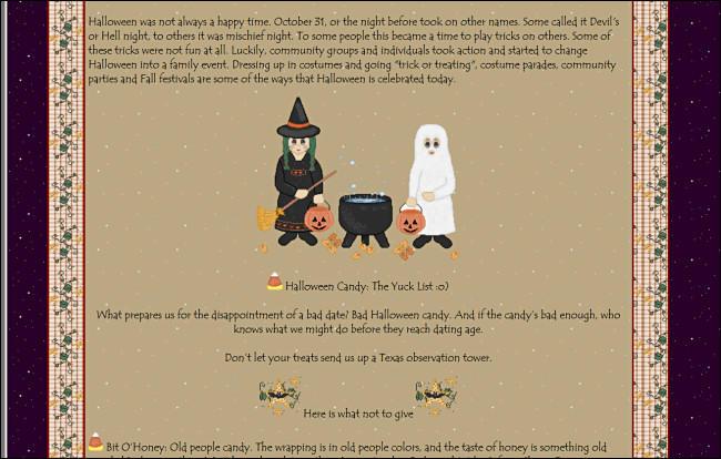 "Halloween: A Brief History" em um site GeoCities, apresentando um gráfico de truques ou truques ao lado de um caldeirão.