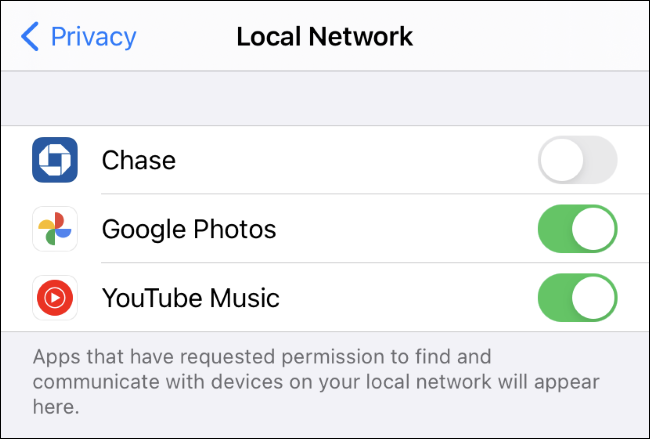 A tela Ajustes> Privacidade> Rede local em um iPhone