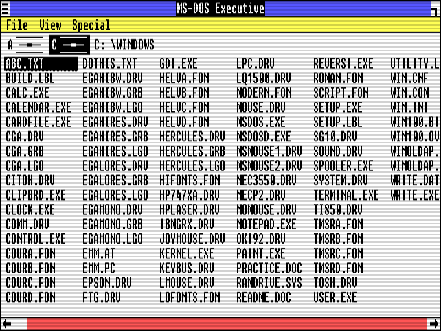 Uma lista de arquivos em "MS-DOS Executive" no Windows 1.01.