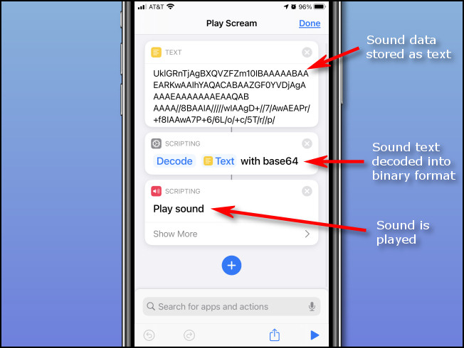 Um guia que mostra as etapas do código de atalho "Play Scream" em um iPhone.