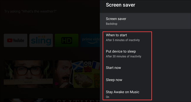 O menu "Protetor de tela" na Android TV.