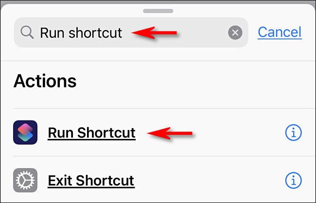 Digite "Executar atalho" na caixa Pesquisar e toque em "Executar atalho". 