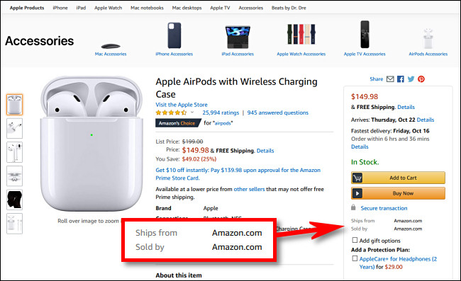 Em produtos na Amazon.com, procure os itens que dizem "Vendido pela Amazon.com"