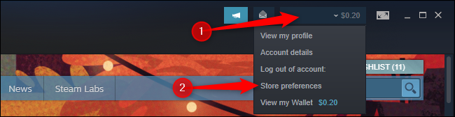 Clique em "Preferências da loja" no menu de perfil do Steam