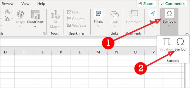 menu de símbolos excel