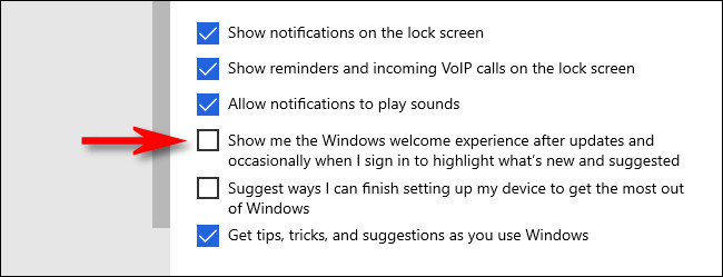 Em Configurações do Windows, desmarque "Mostre-me a experiência de boas-vindas do Windows após as atualizações e ocasionalmente quando eu entrar para destacar o que há de novo e sugerido."