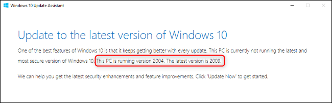O Windows Update Assistant mostrando os números das versões.