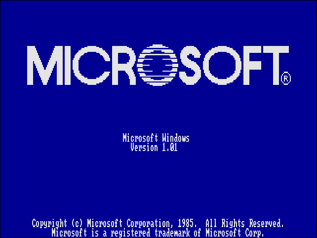 O logotipo do Microsoft Windows 1.01 em um computador vintage.