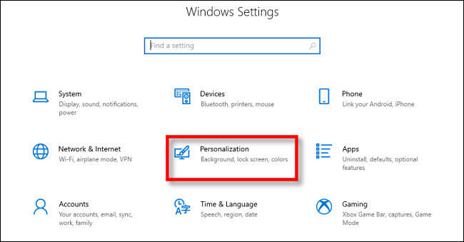 Nas configurações do Windows 10, clique em "Personalização".