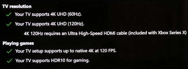 As seções "Resolução da TV" e "Jogando jogos" no menu "Tela da TV 4K" no Xbox.