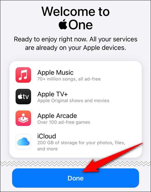 Sua assinatura do Apple One está confirmada.  Toque no botão "Concluído"