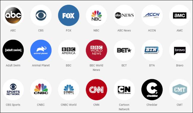 Logotipos de redes de TV disponíveis no YouTube TV