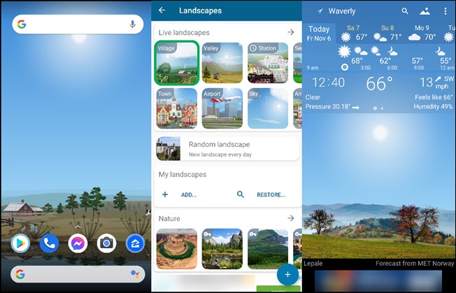 Três paisagens e o clima local no aplicativo Yowindow.