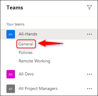 O canal "Geral" padrão em uma equipe.