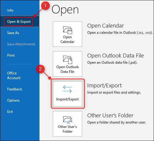 Opção "Importar / Exportar" do Outlook.