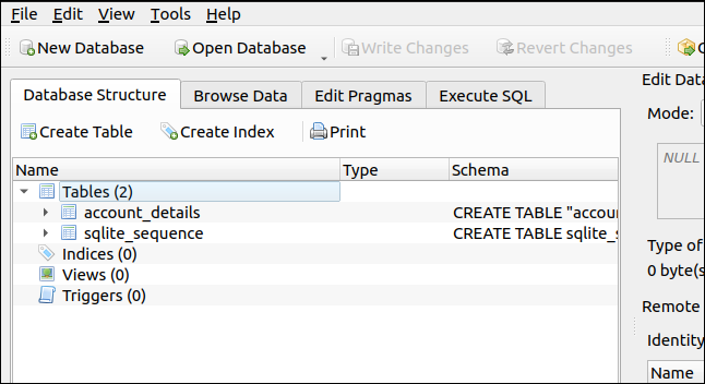 DB Browser para SQLite exibindo a estrutura do banco de dados