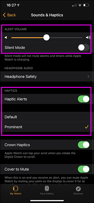 configuração de sons e opções de toque apple watch