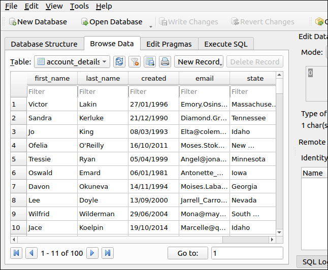 Registros de banco de dados no navegador de banco de dados para SQLite