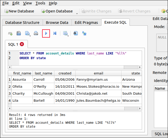 A guia "Execute SQL" no DB Browser for SQLite