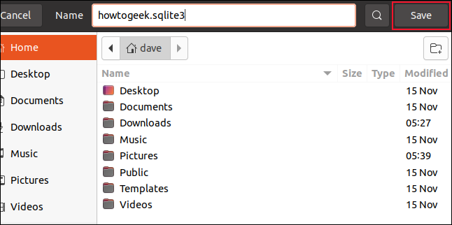 Salvar a caixa de diálogo com o nome de arquivo howtogeek.sqlite3 inserido