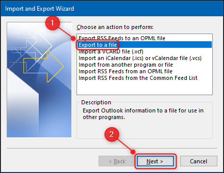Opção "Exportar para um arquivo" do Outlook.