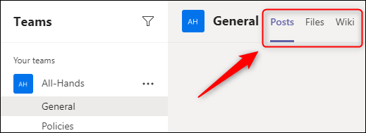 As guias padrão "Postagens", "Arquivos" e "Wiki" em um canal.