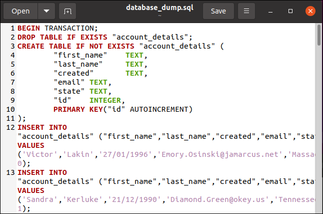 Um arquivo de despejo de banco de dados SQL no editor gedit