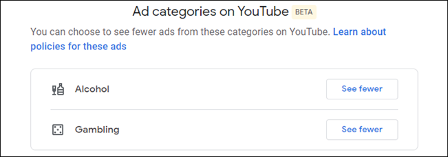 configurações de personalização de anúncios do youtube